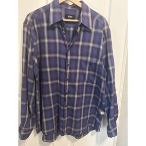 BOSS Hugo Boss Mens Plaid Long Sleeve Button Down Shirt Blue Gray Size L